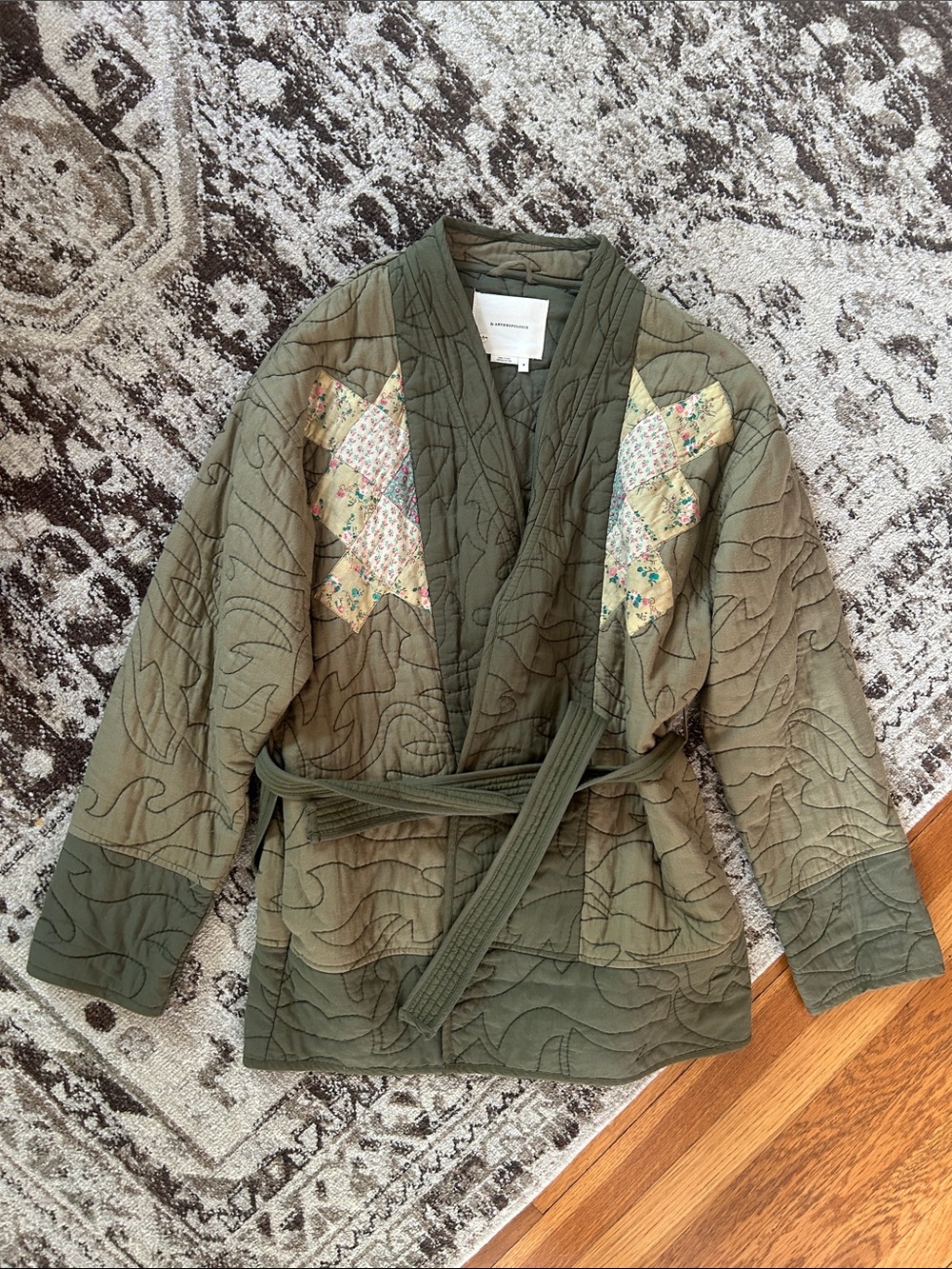 Anthropologie Olive Quilted Patchwork Belted Jacket